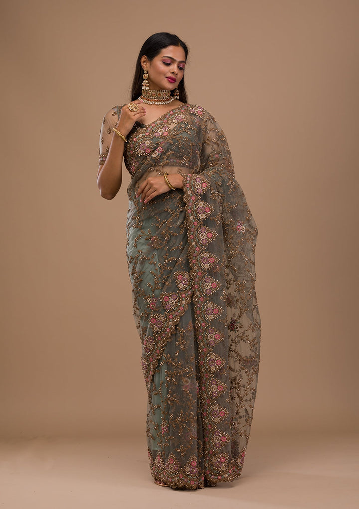 Sea Green Zariwork Net Saree-Koskii