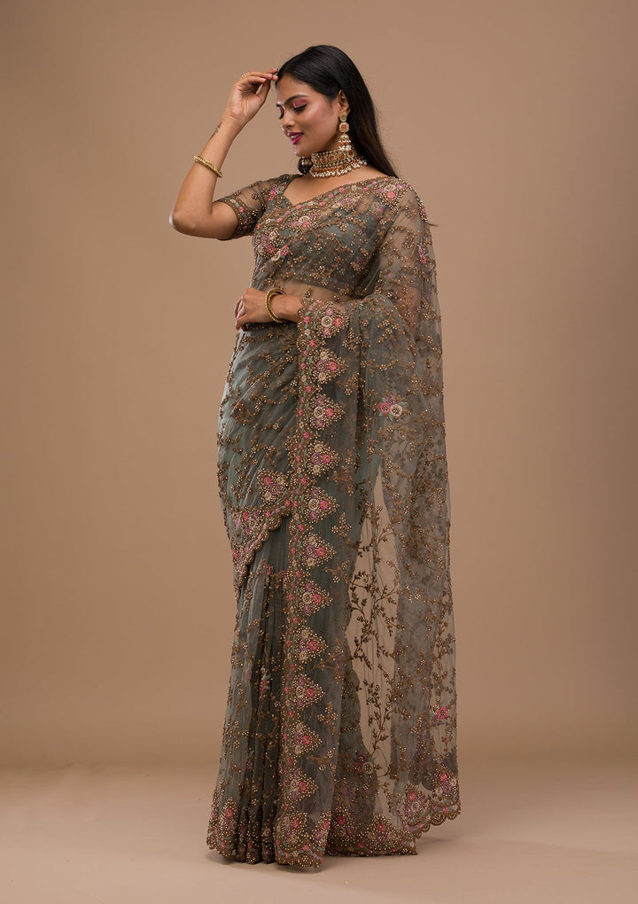 Sea Green Zariwork Net Saree-Koskii