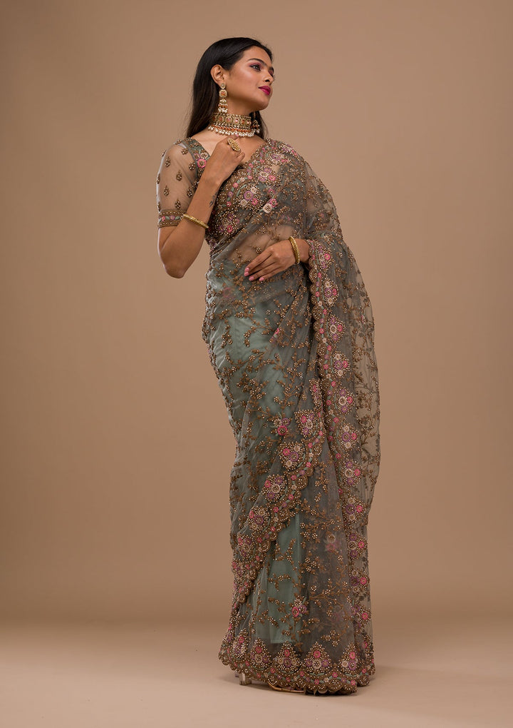 Sea Green Zariwork Net Saree-Koskii