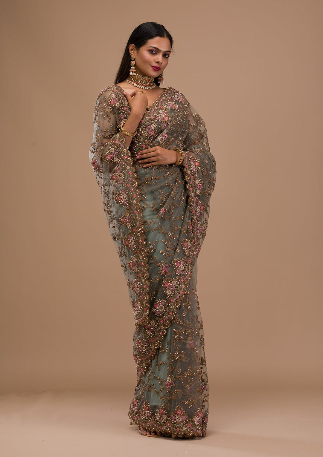 Sea Green Zariwork Net Saree-Koskii