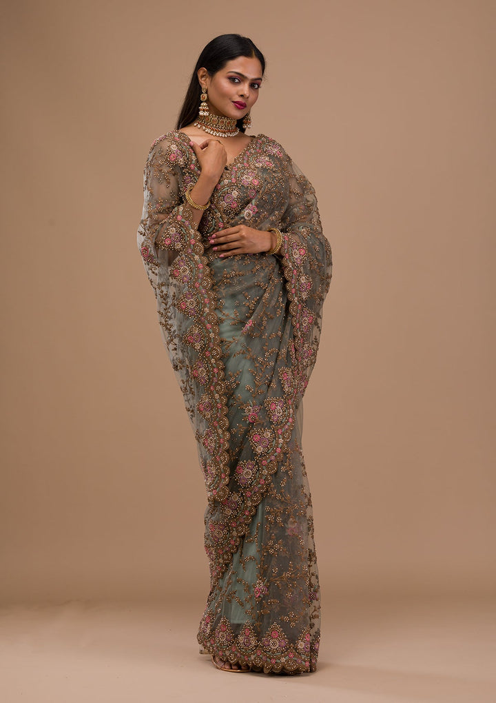 Sea Green Zariwork Net Saree-Koskii
