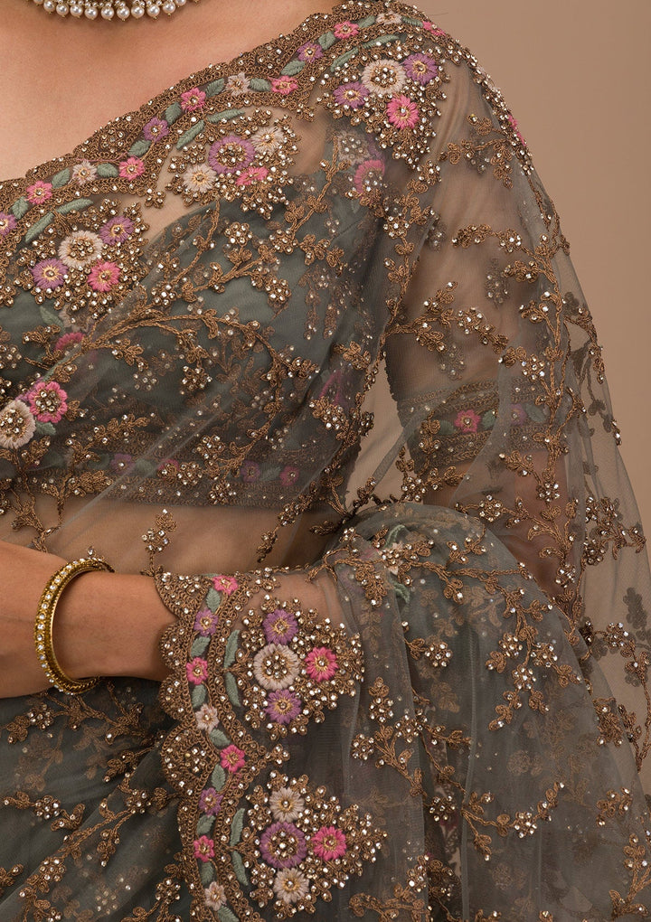 Sea Green Zariwork Net Saree-Koskii