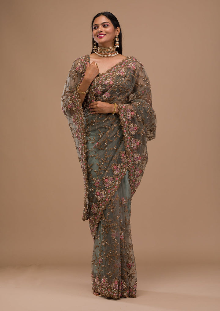 Sea Green Zariwork Net Saree-Koskii