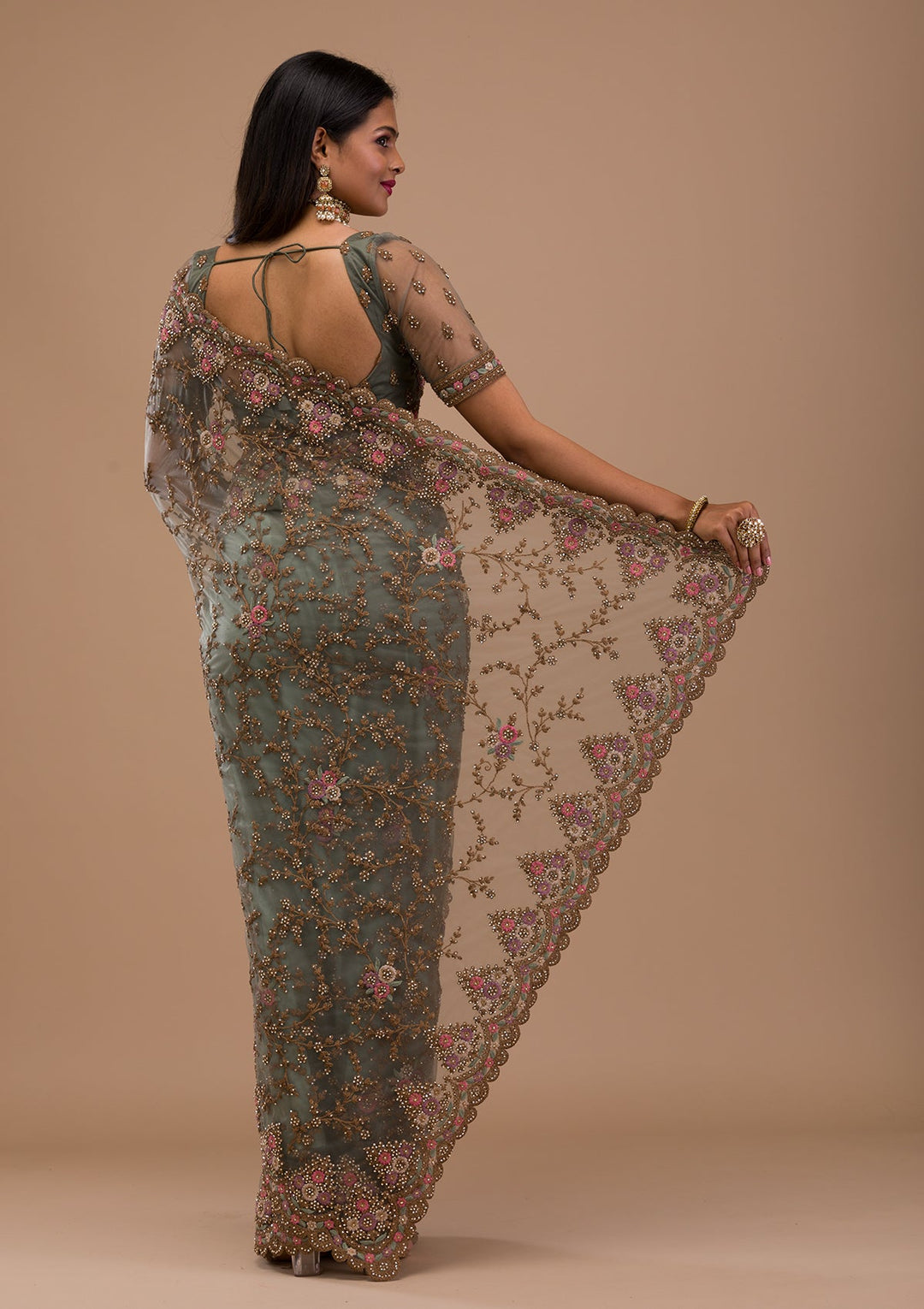 Sea Green Zariwork Net Saree-Koskii
