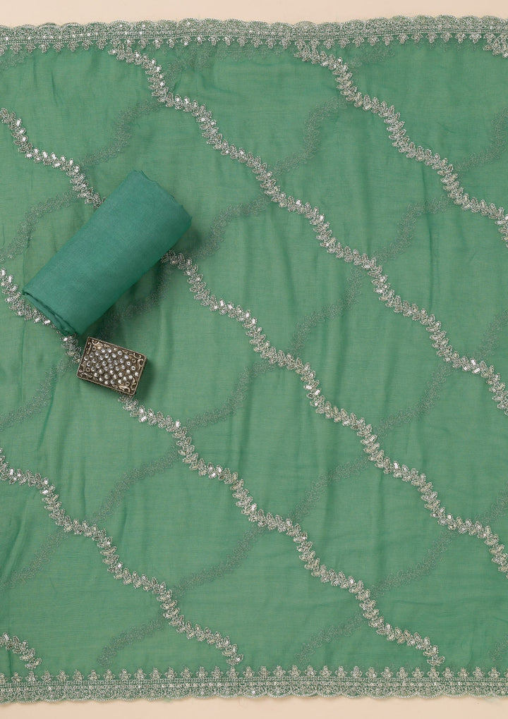 Sea Green Zariwork Organza Unstitched Salwar Suit-Koskii