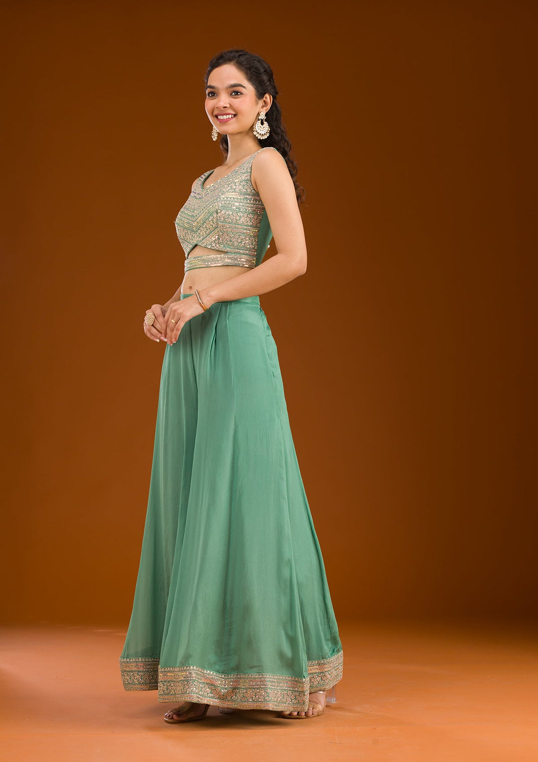 Sea Green Zariwork Semi Crepe Readymade Salwar Suit