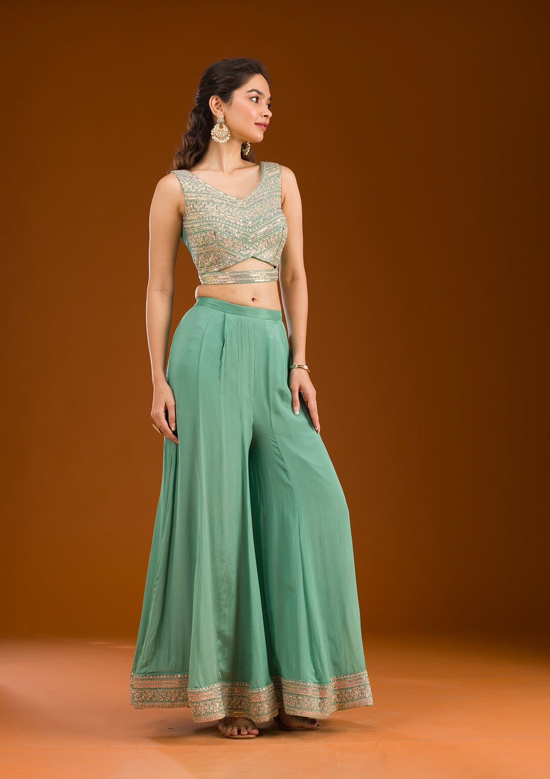 Sea Green Zariwork Semi Crepe Readymade Salwar Suit