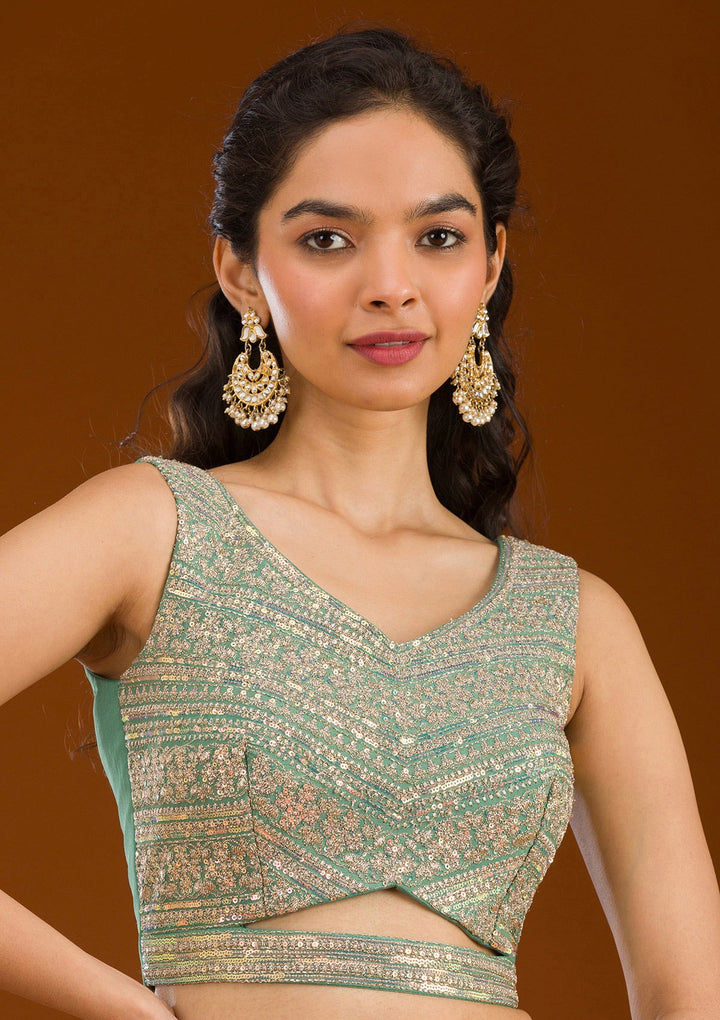 Sea Green Zariwork Semi Crepe Readymade Salwar Suit