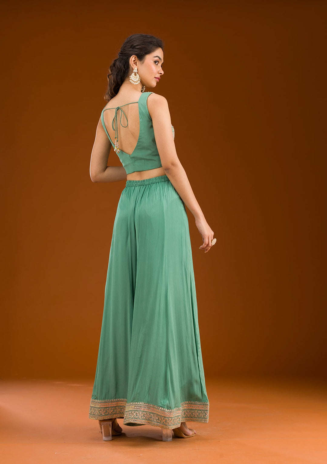 Sea Green Zariwork Semi Crepe Readymade Salwar Suit