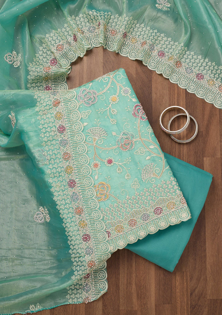Sea Green Zariwork Semi Crepe Unstitched Salwar Suit-Koskii