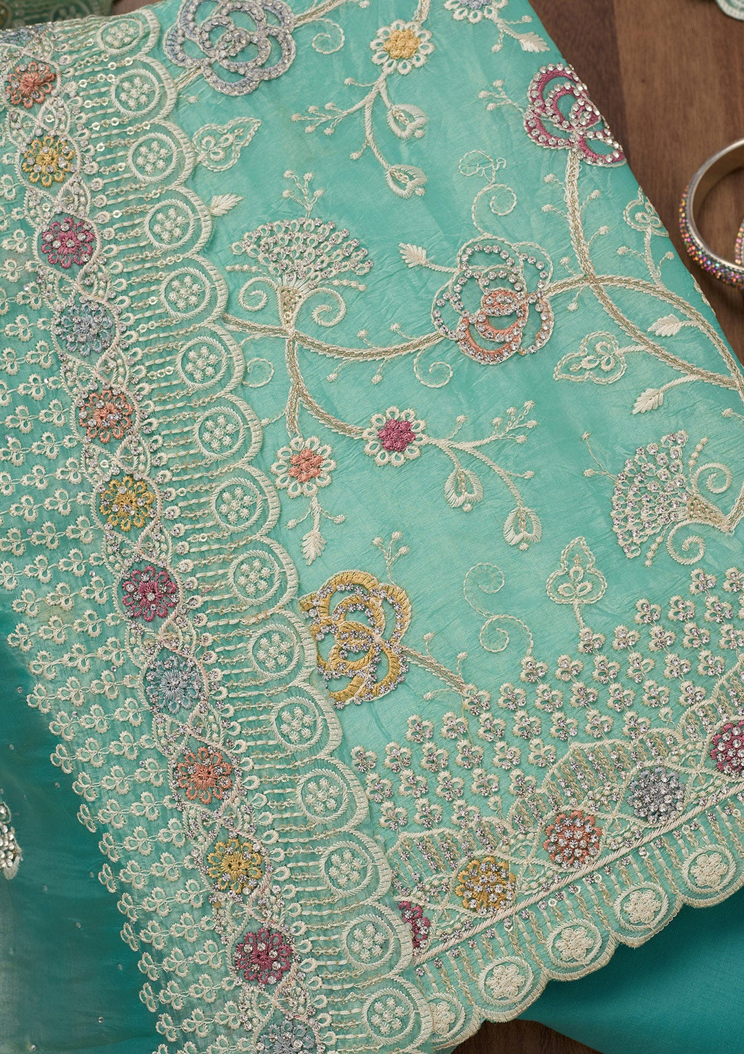 Sea Green Zariwork Semi Crepe Unstitched Salwar Suit-Koskii