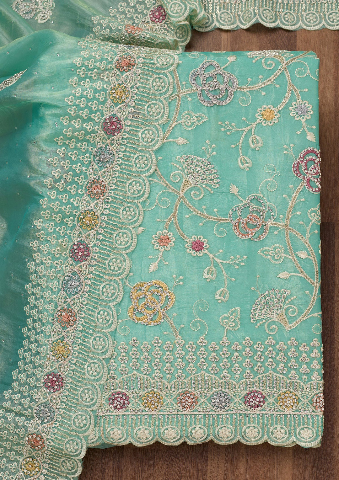Sea Green Zariwork Semi Crepe Unstitched Salwar Suit-Koskii