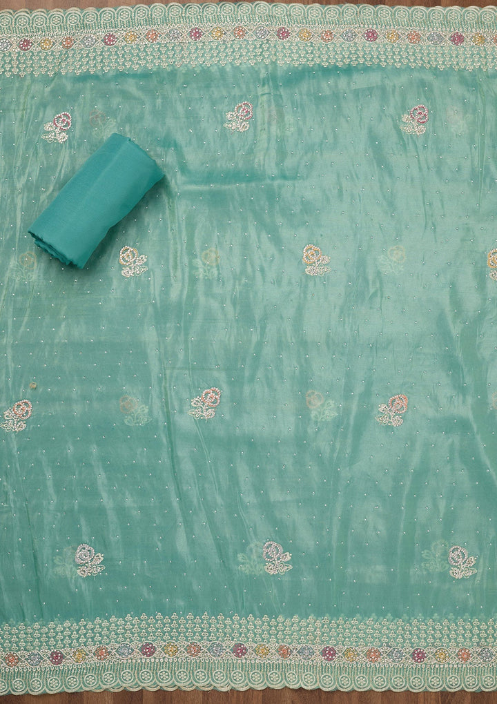 Sea Green Zariwork Semi Crepe Unstitched Salwar Suit-Koskii