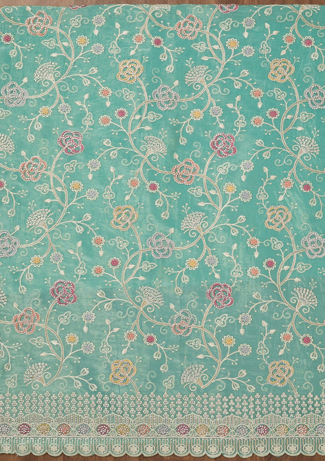 Sea Green Zariwork Semi Crepe Unstitched Salwar Suit-Koskii