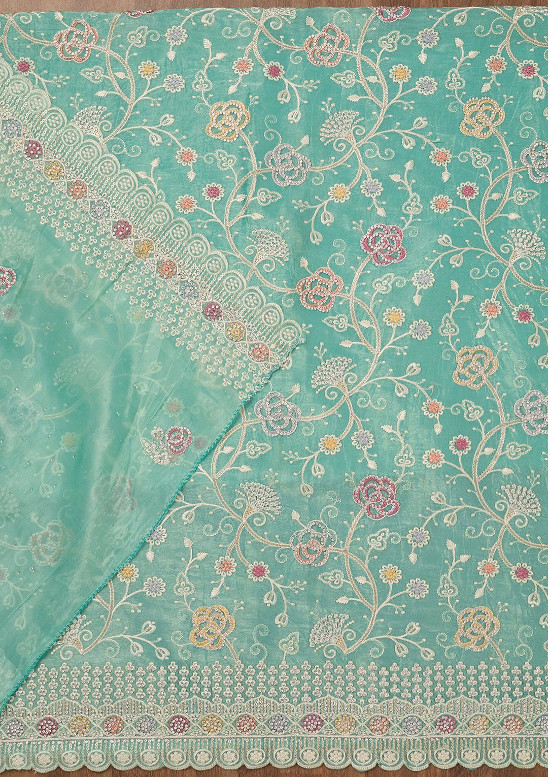 Sea Green Zariwork Semi Crepe Unstitched Salwar Suit-Koskii