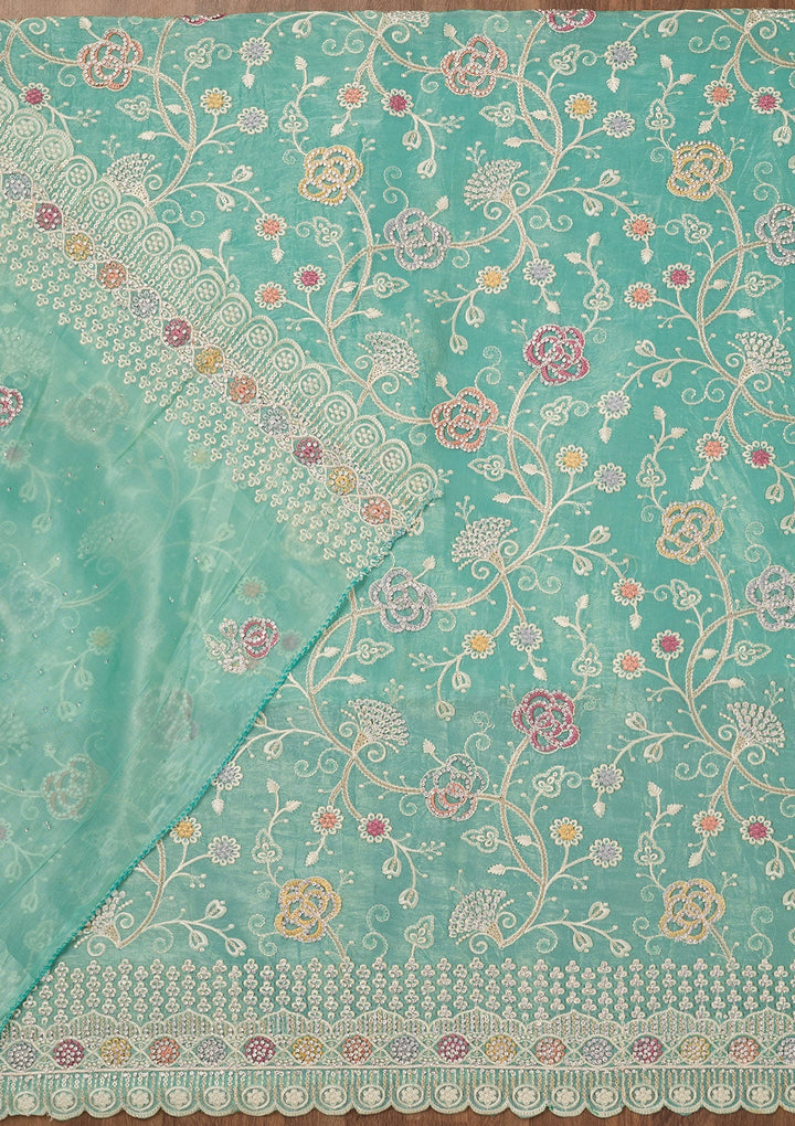 Sea Green Zariwork Semi Crepe Unstitched Salwar Suit-Koskii