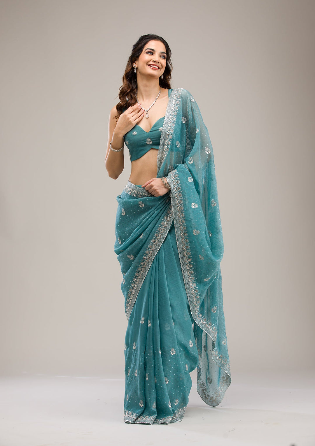 Sea Green Zariwork Tissue Saree-Koskii