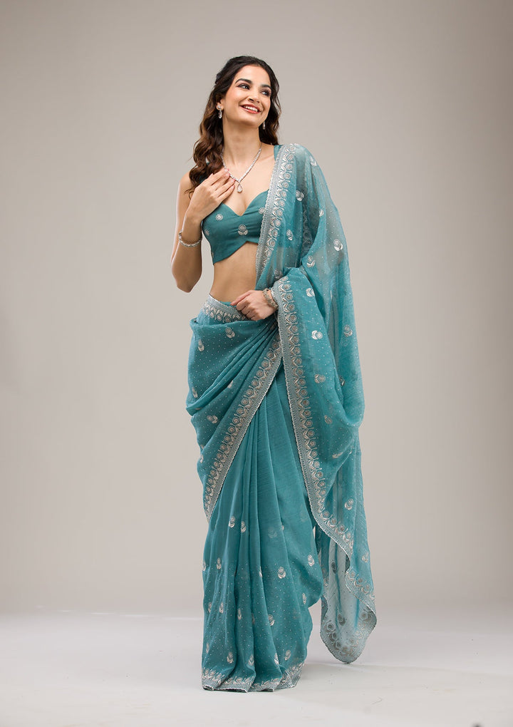 Sea Green Zariwork Tissue Saree-Koskii