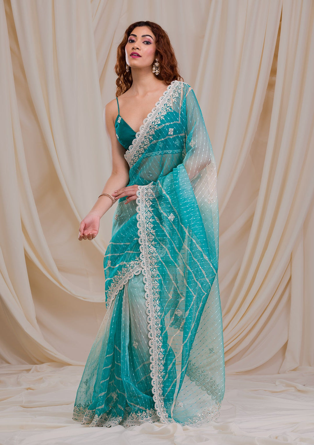 Sky Blue Gotapatti Net Saree-Koskii