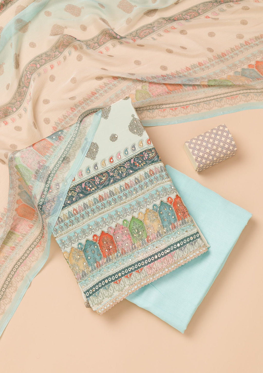 Sky Blue Printed Georgette Unstitched Salwar Suit-Koskii