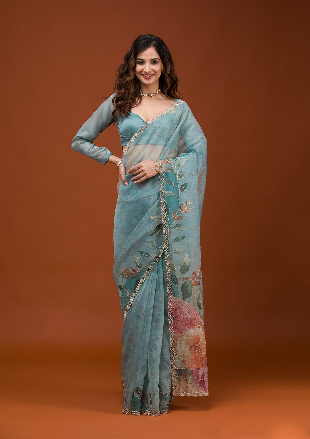 Sky Blue Printed Tissue Saree-Koskii