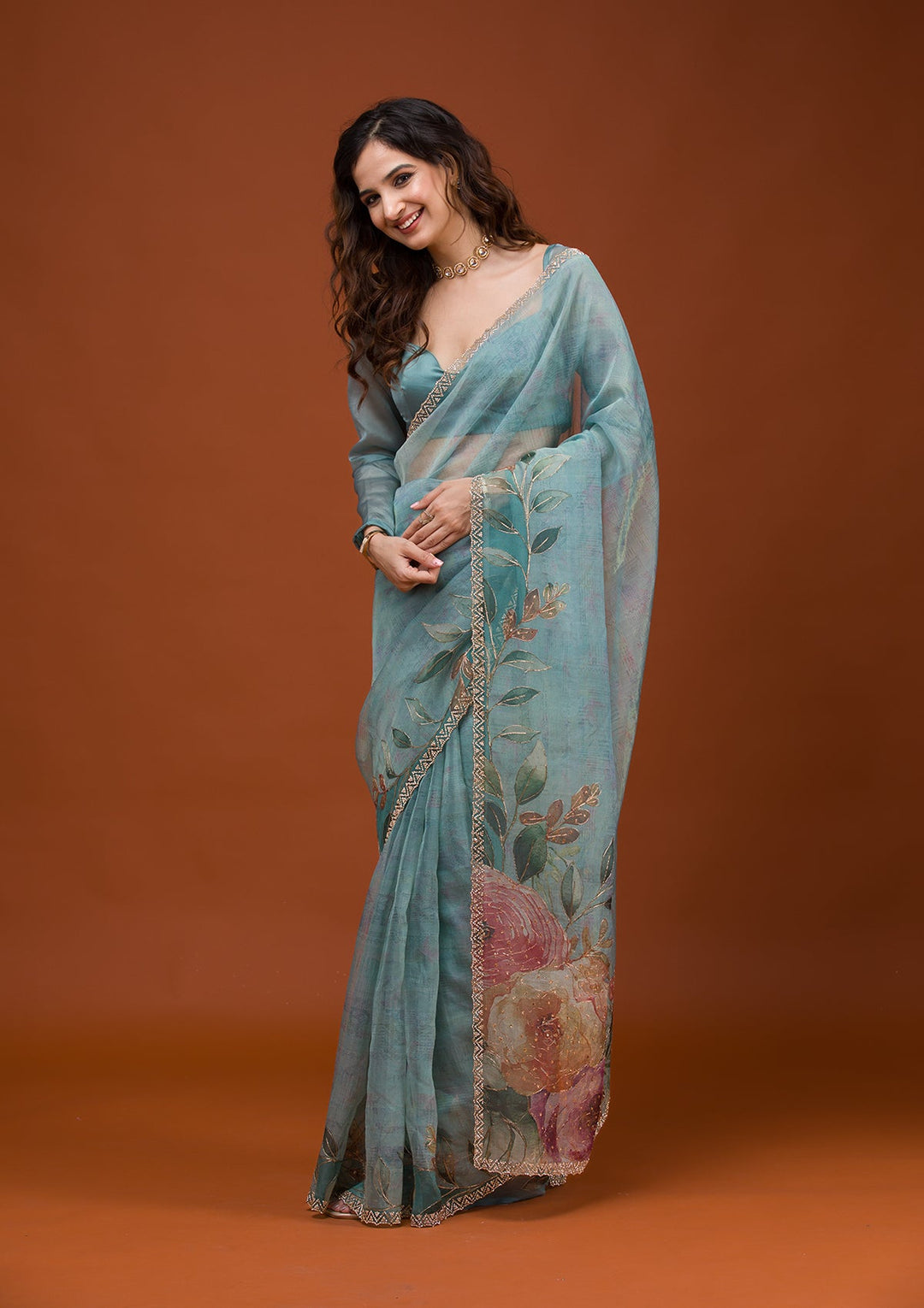 Sky Blue Printed Tissue Saree-Koskii