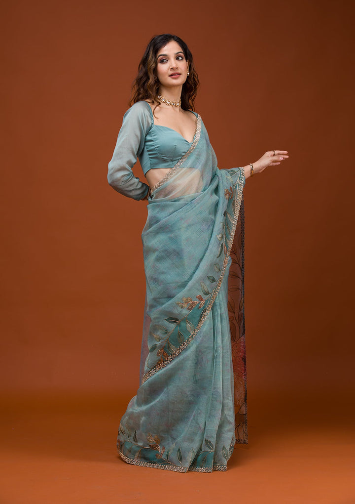 Sky Blue Printed Tissue Saree-Koskii