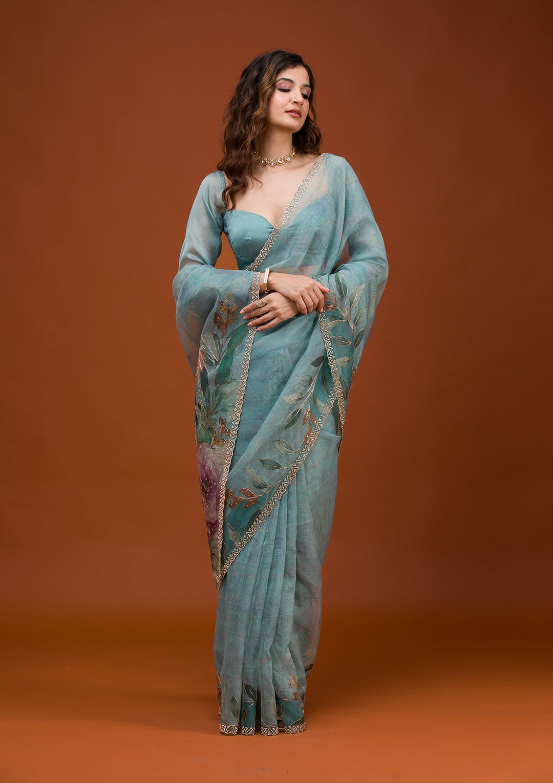 Sky Blue Printed Tissue Saree-Koskii