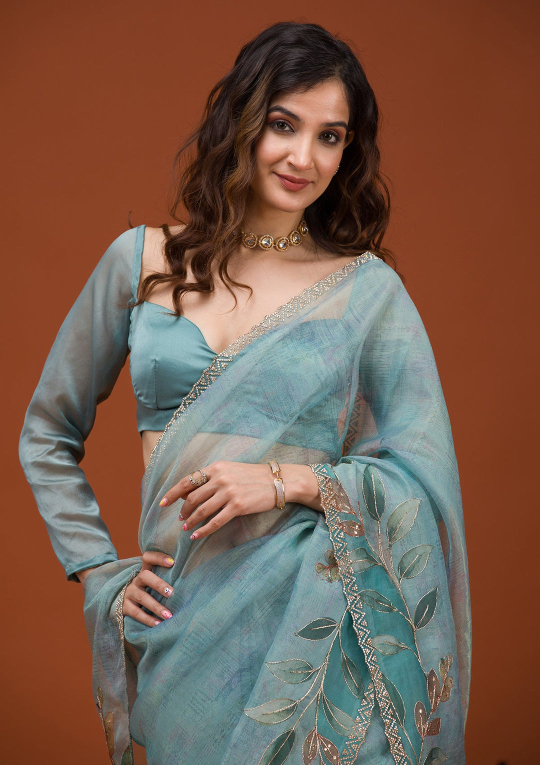 Sky Blue Printed Tissue Saree-Koskii