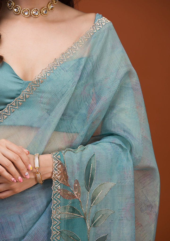 Sky Blue Printed Tissue Saree-Koskii