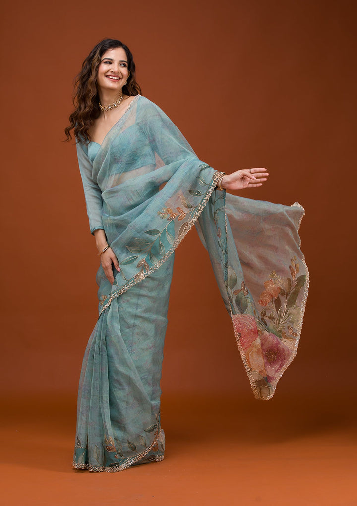 Sky Blue Printed Tissue Saree-Koskii