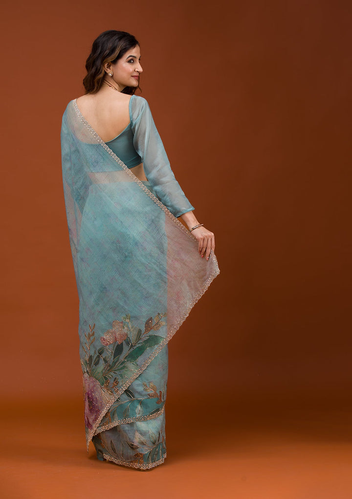 Sky Blue Printed Tissue Saree-Koskii
