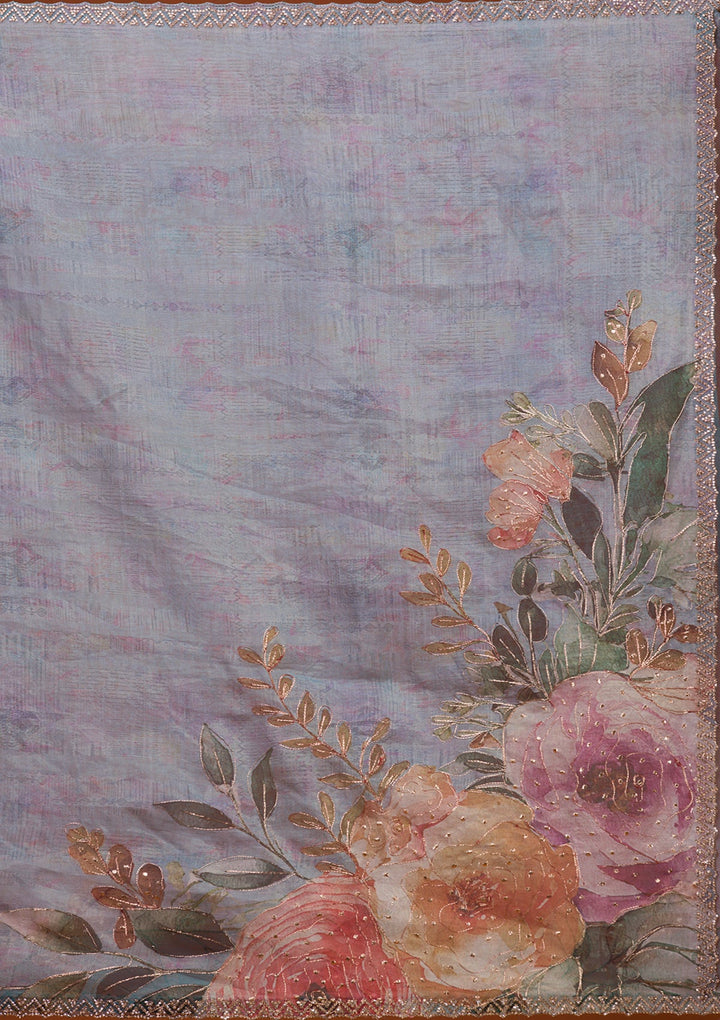 Sky Blue Printed Tissue Saree-Koskii