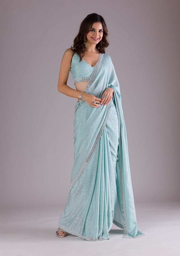 Sky Blue Stonework Semi Crepe Saree-Koskii