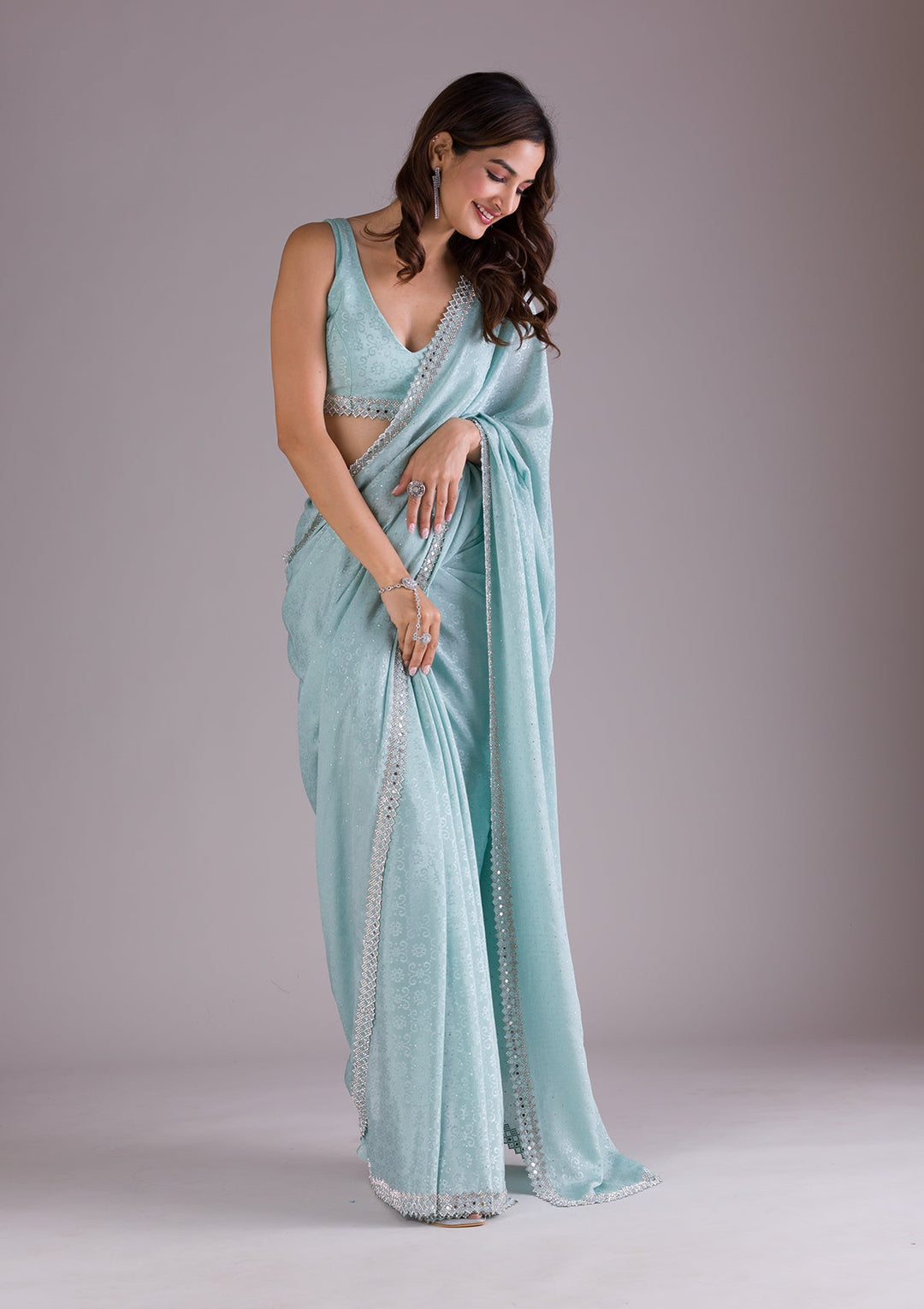 Sky Blue Stonework Semi Crepe Saree-Koskii