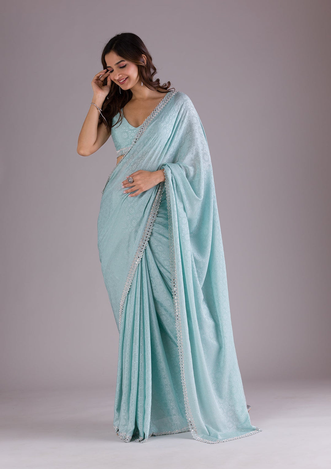 Sky Blue Stonework Semi Crepe Saree-Koskii