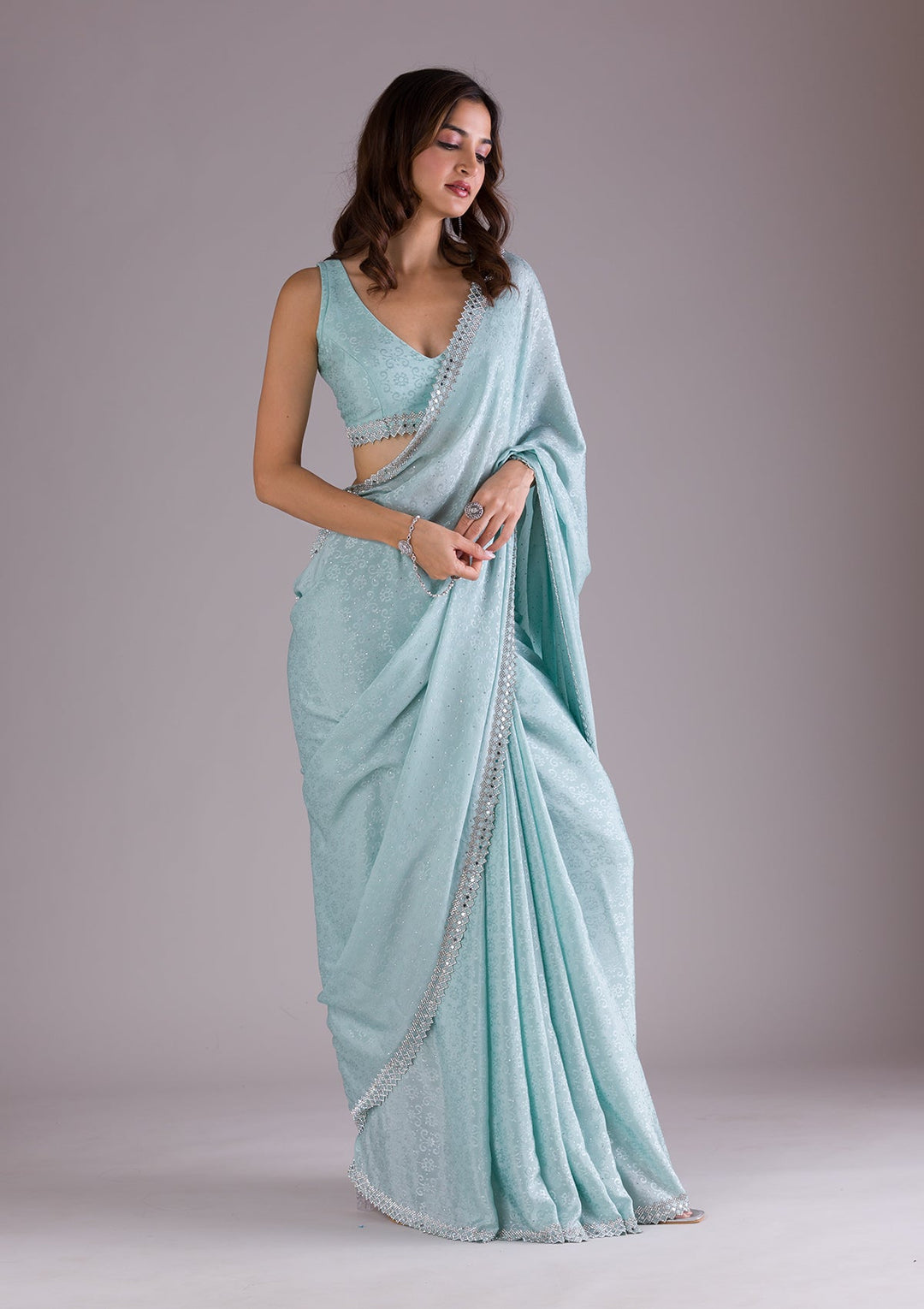 Sky Blue Stonework Semi Crepe Saree-Koskii