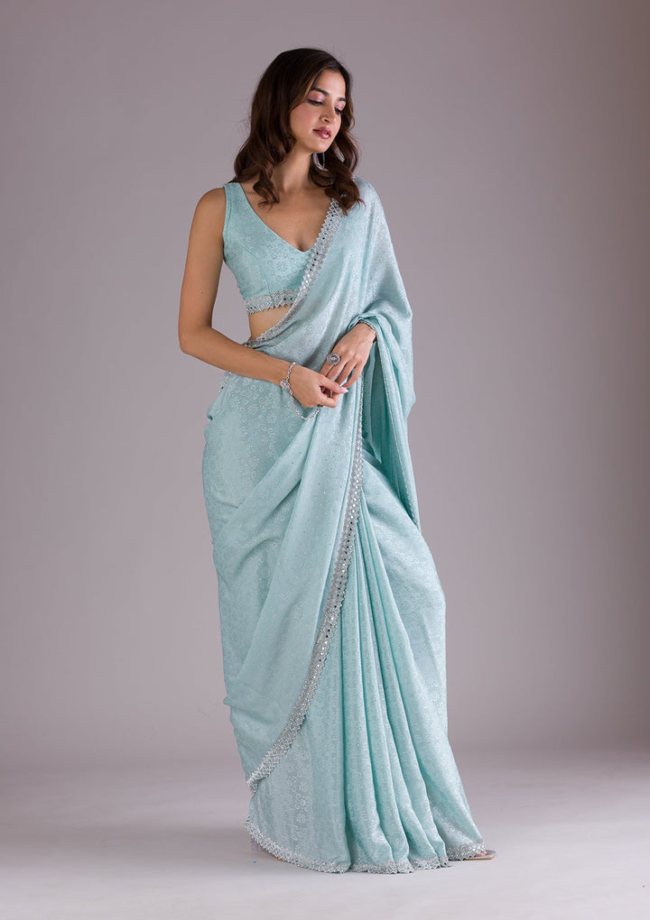 Sky Blue Stonework Semi Crepe Saree-Koskii