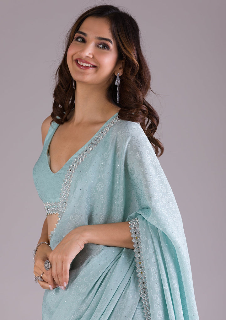 Sky Blue Stonework Semi Crepe Saree-Koskii