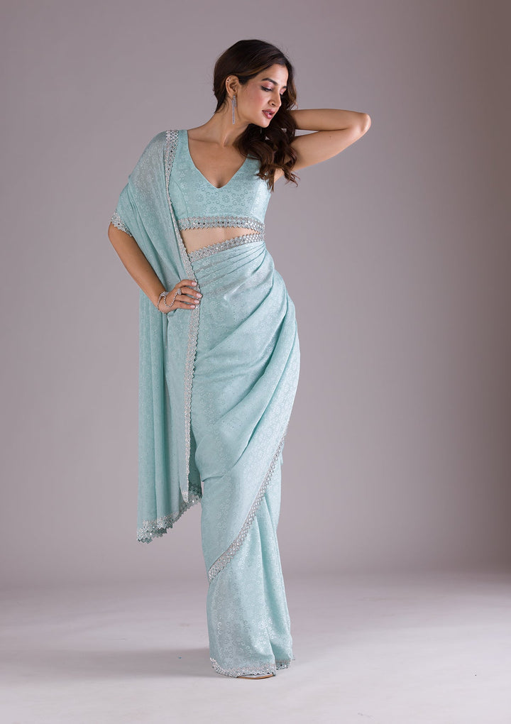 Sky Blue Stonework Semi Crepe Saree-Koskii