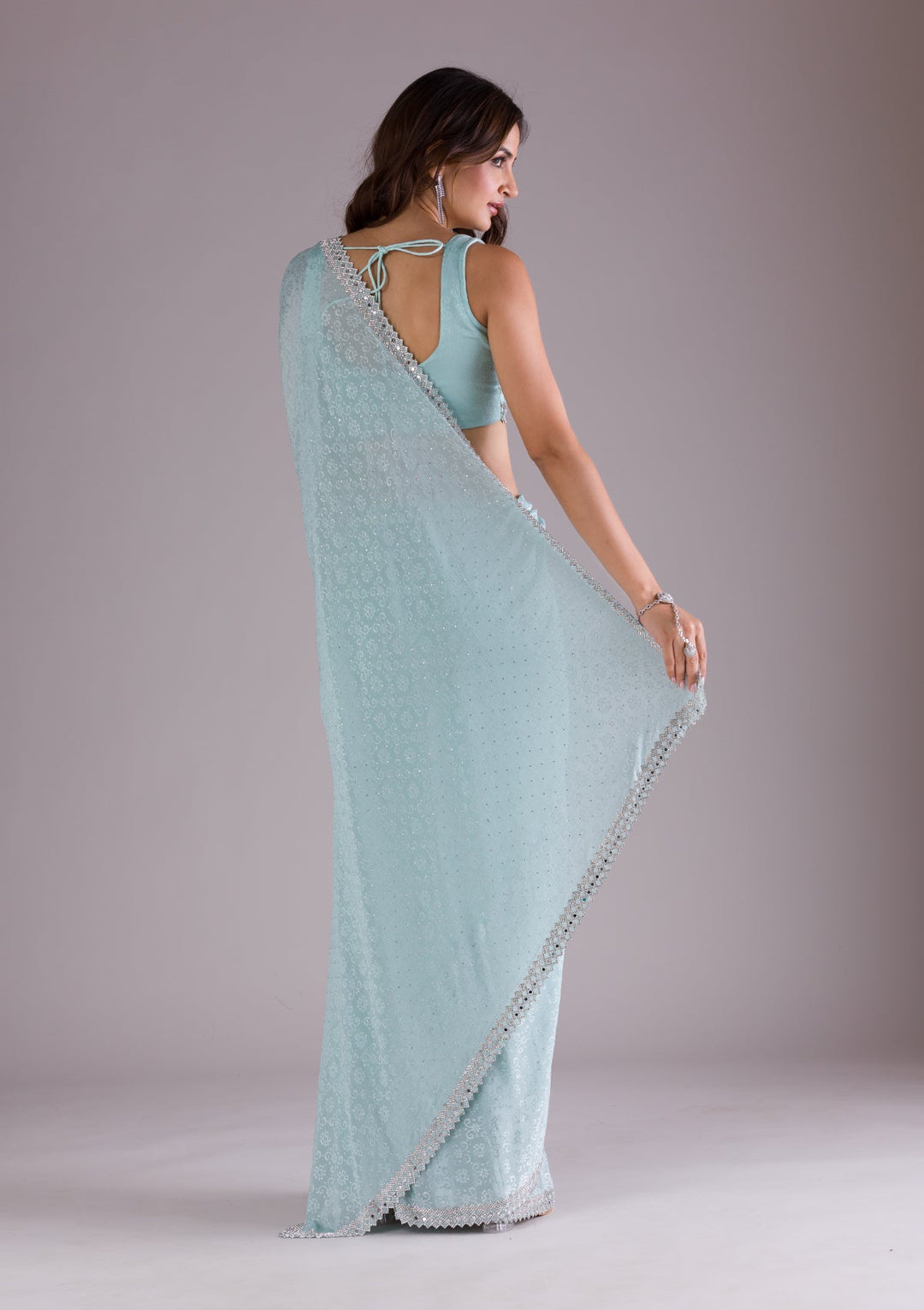 Sky Blue Stonework Semi Crepe Saree-Koskii