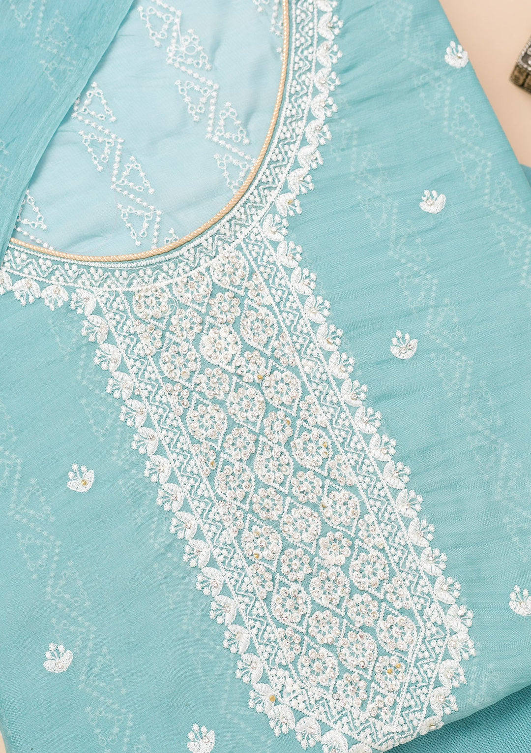 Sky Blue Threadwork Georgette Unstitched Salwar Suit-Koskii