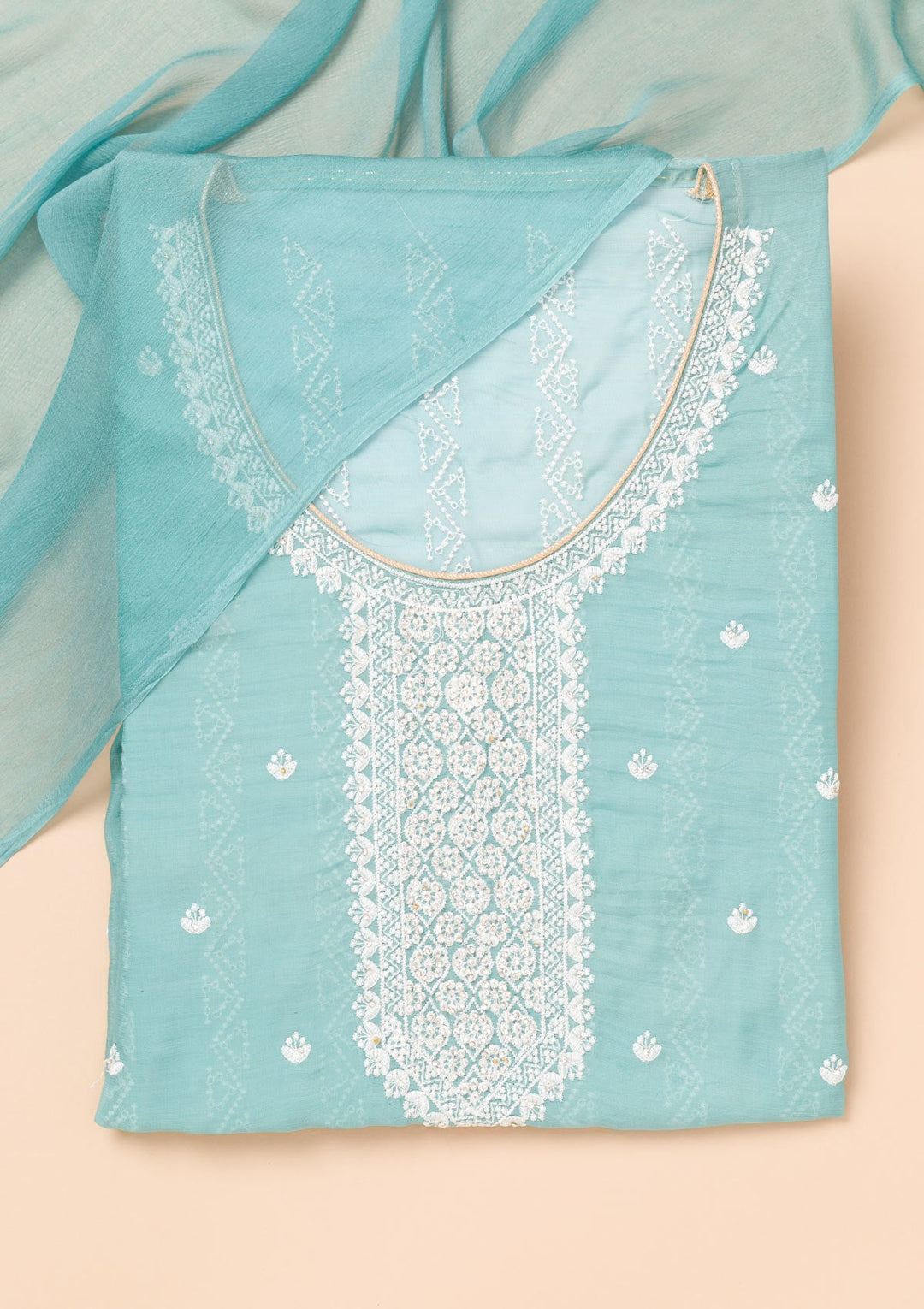 Sky Blue Threadwork Georgette Unstitched Salwar Suit-Koskii