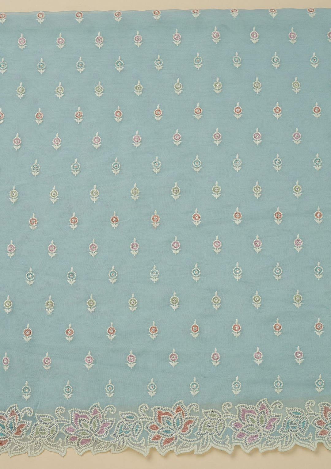 Sky Blue Threadwork Organza Unstitched Salwar Suit-Koskii