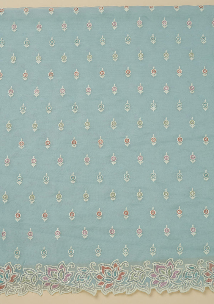 Sky Blue Threadwork Organza Unstitched Salwar Suit-Koskii