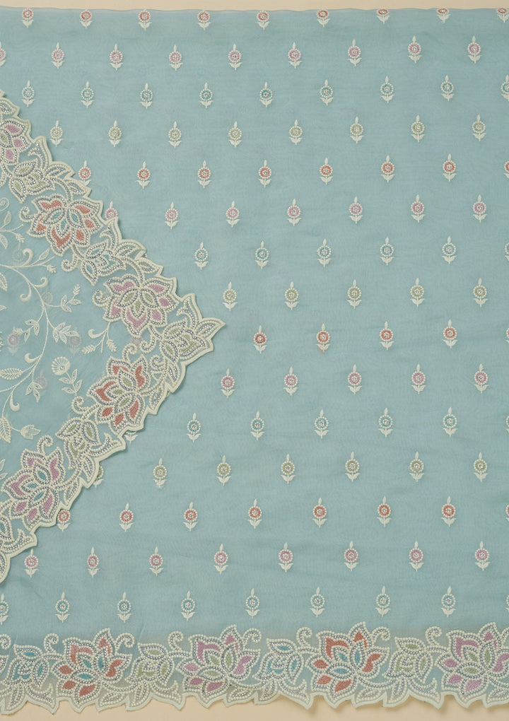 Sky Blue Threadwork Organza Unstitched Salwar Suit-Koskii