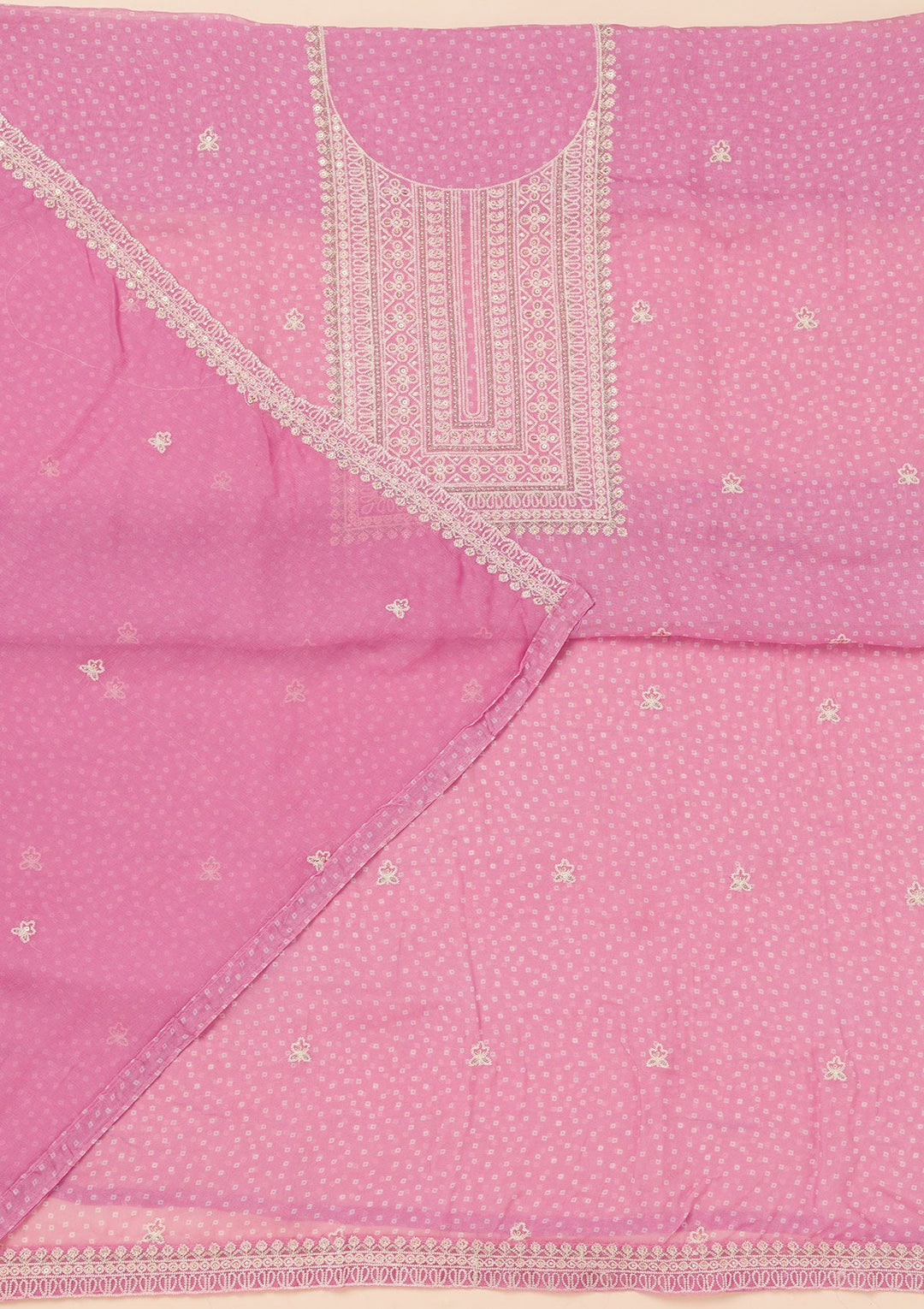 Pink Threadwork Semi Crepe Unstitched Salwar Suit-Koskii