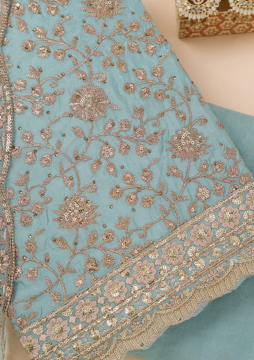 Sky Blue Zariwork Georgette Unstitched Salwar Suit-Koskii