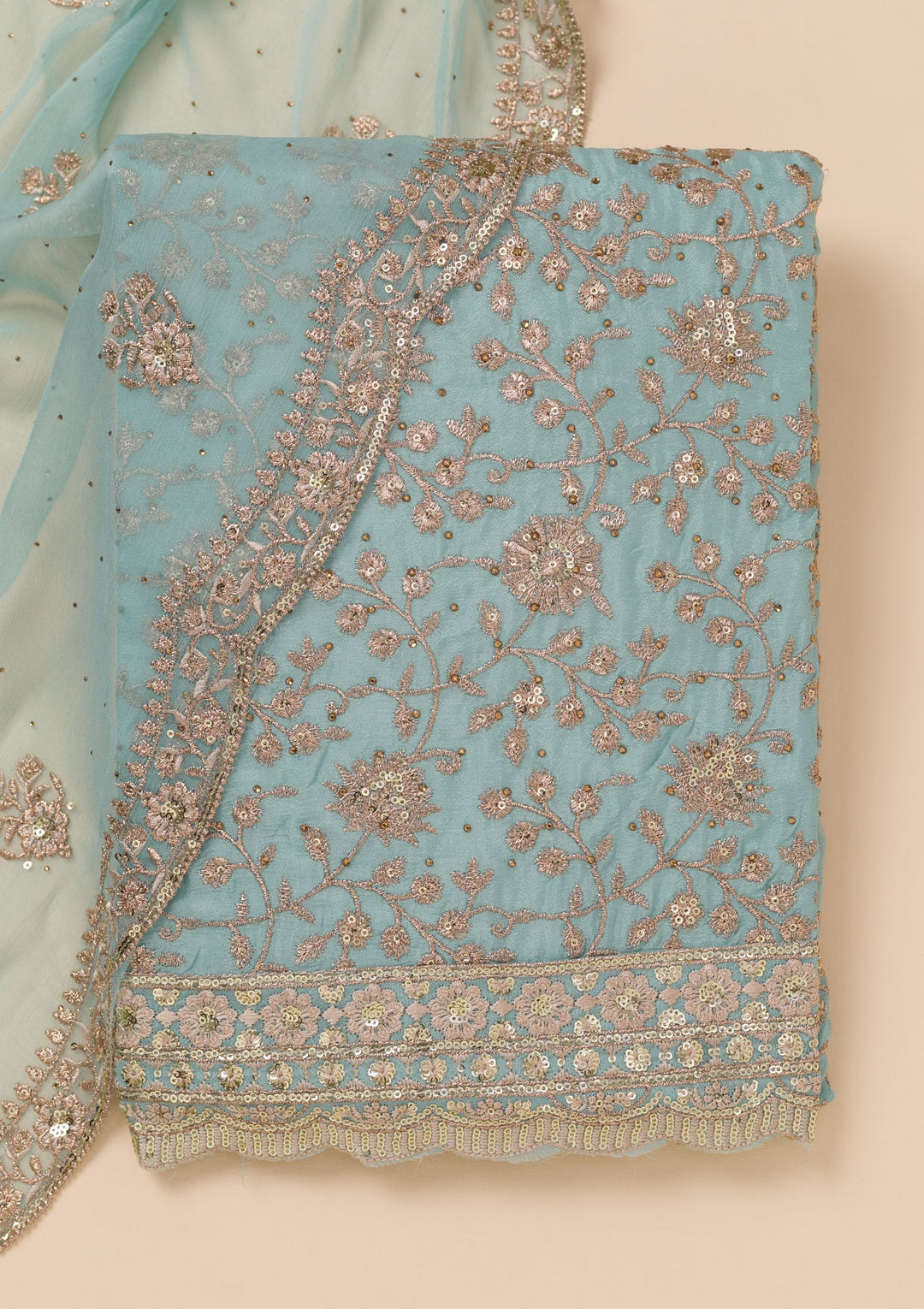 Sky Blue Zariwork Georgette Unstitched Salwar Suit-Koskii