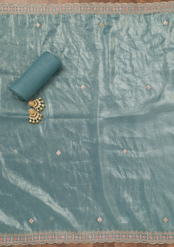 Sky Blue Zariwork Tissue Unstitched Salwar Suit-Koskii